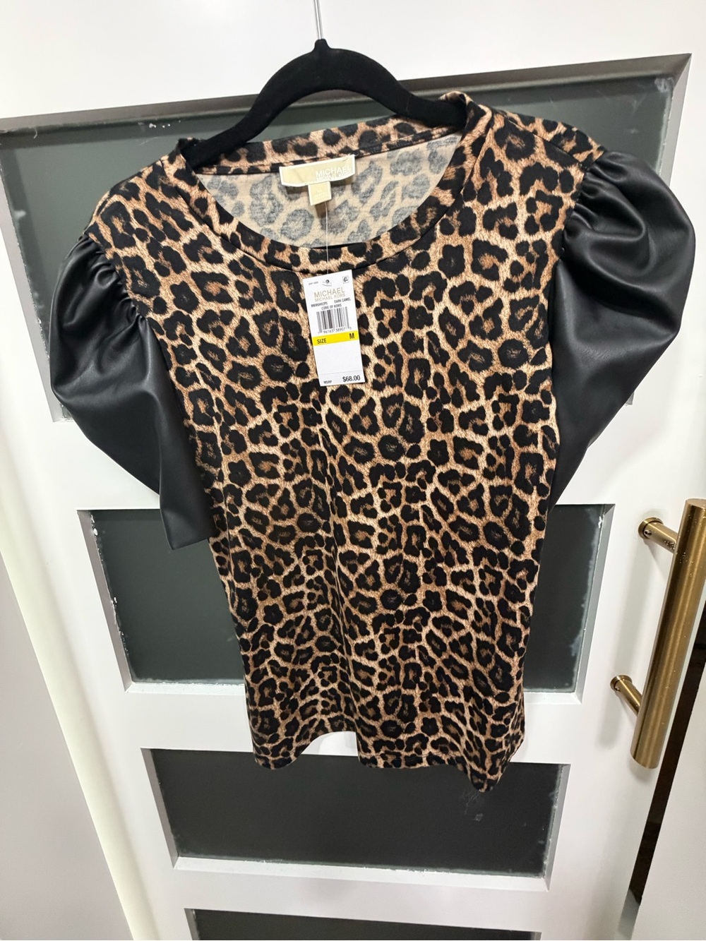 Michael Kors Leopard Print Puff Sleeve Top in Brown and Black
